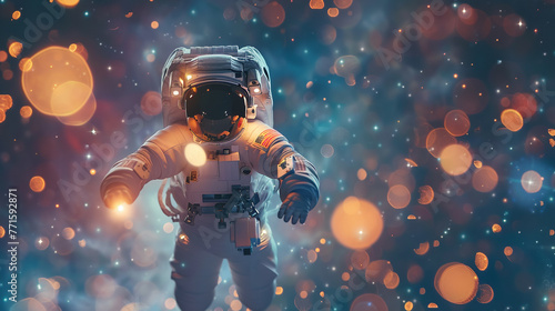 Astronaut in outer bokeh space galaxy.
