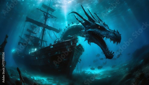 an underwater blue dragon sea creature swimming around a shipwrecked ship Ai Generated