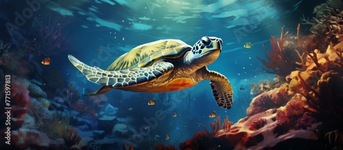 A sea turtle gracefully glides through the underwater world near a vibrant coral reef, showcasing the beauty of marine biology and wildlife in the fluid environment