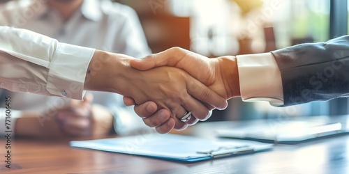 Customer signing home insurance agreement with agent focusing on paperwork and handshake symbolizing trust and protection. Concept Insurance Agreement Signing, Trust and Protection, Paperwork