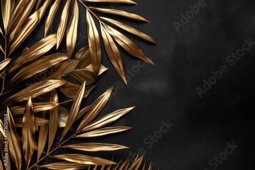 Gold leaves contrast beautifully against a dark black background, creating a striking visual composition