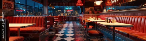 An Interior view of a classic American diner at night with a retro design and cozy atmosphere.