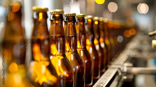 Row of Beer Bottles on Conveyor Belt