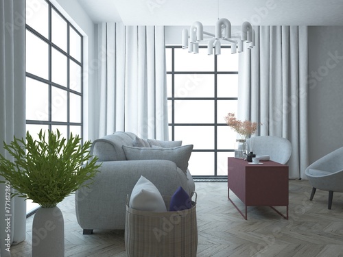 Elegancki luksusowy pokój pomieszczenie salon z wygodną sofa stolikiem kawowym zasłonami na oknach