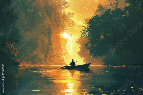 Boy rowing a boat in a river through the forest, digital art style, illustration painting