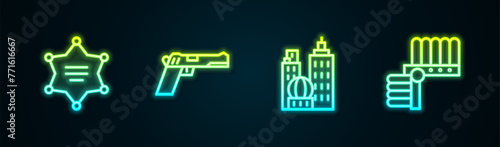 Set line Hexagram sheriff, Pistol or gun, City landscape and Indian headdress with feathers. Glowing neon icon. Vector