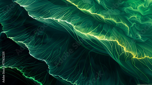 ethereal close-up view of leaves with a luminous network of veins in shades of green for background.