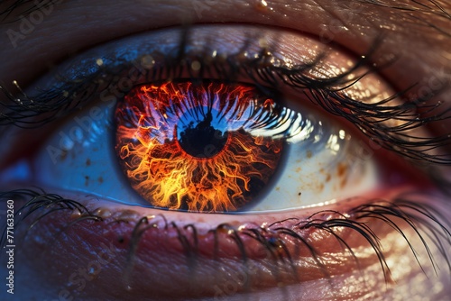 Close up of a human eye with a reflection of fire