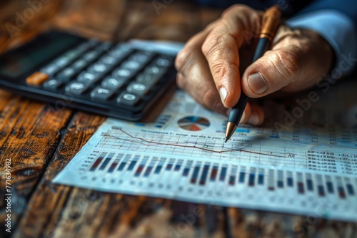 Close-up view of an elderly person analyzing and marking statistical data on financial charts with a pen