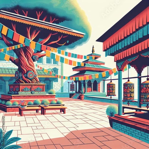 illustration of a peaceful courtyard within a Nepali temple, featuring a Bodhi tree with fluttering prayer flags and colorful prayer wheels. 