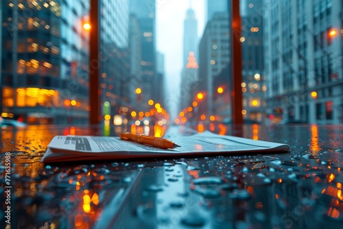 Wet documents and earnest work on a rain-soaked city avenue at twilight
