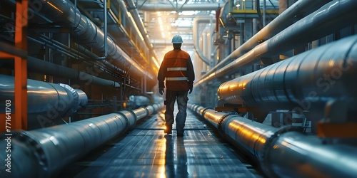 A man inspecting steel pipes in an oil refinery station during maintenance work in the oil and gas industry. Concept Industrial Inspection, Oil Refinery, Maintenance Work, Steel Pipes, Gas Industry