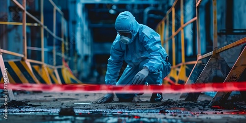 Scientist in protective gear investigates chemical spill with caution tape in closedoff area. Concept Chemical Spill Cleanup, Hazardous Materials, Safety Precautions, Contamination Investigation