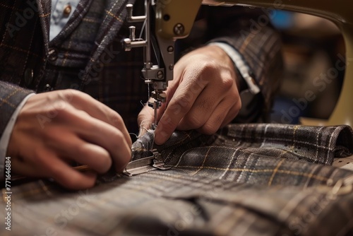 A close-up perspective of a tailors hands working on a sewing machine to create custom-made clothing items based on fashion