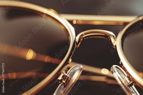 Closeup of designer sunglasses with polarized lenses and gold-plated frames, stacked with a pair of glasses on top