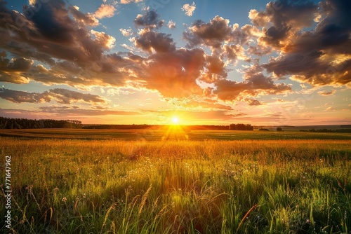 Sunset over a grassy field, showing warm colors in the sky and the sun dipping below the horizon