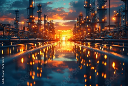 An industrial facility is bathed in the golden light of sunset, with reflections on the wet ground creating stunning visual symmetry