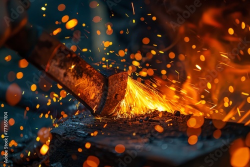 A blacksmith hammers a red-hot metal piece on an anvil, creating fiery sparks in a metal forge
