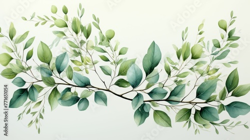 A painting of a green leafy branch with a white background
