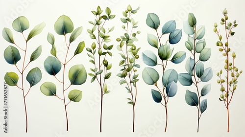 A series of green leaves are shown in various sizes and orientations