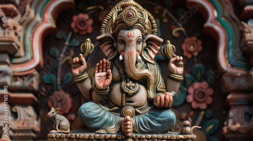 Ganesha seated with a modak in hand removing obstacles with his wisdom and intellect a mouse at his feet