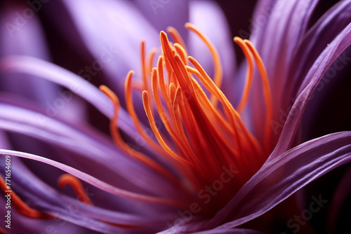 Close up of Bahraman saffron flower pistil under macro lens. Macro photography