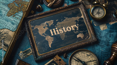 "History" scribed in an antique-style chalk script on a chalkboard resting on a table with historical artifacts and maps