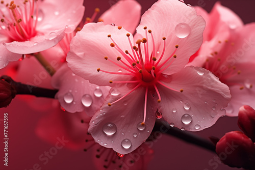 Close up of sakura flower pistil under macro lens. Macro photography