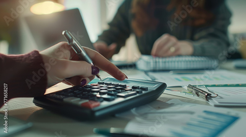 A pair of hands fills out a form with a pen, a calculator beside them on a desk covered with financial documents.