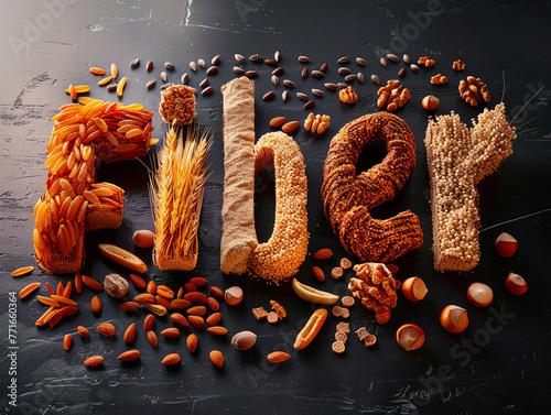 Form the word "Fiber" from a variety of fibrous foods like bran nuts
