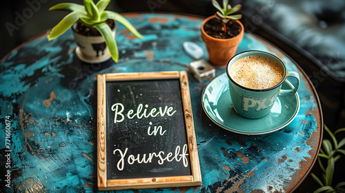 The phrase "Believe in Yourself" artfully scribed on a chalkboard placed on a sleek