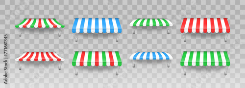 Awning umbrella for the market, striped summer scallop for shop vector illustration. Sunshade for restaurant. Outdoor striped awning canopy for cafe and shop window of different forms