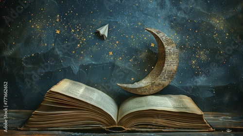 A paper airplane soared gracefully from the pages of an open book towards a moon composed of poetic quotes in the enchanting night sky, embodying a whimsical journey of imagination.