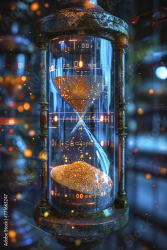 Suspended hourglass with sand turning into digital bytes, on a time space continuum background, merging of time and technology