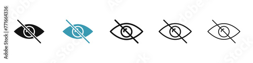 Eye crossed line icon set. blind view sign. hidden content pictogram. hide password or sensitive information icon for Ui designs.