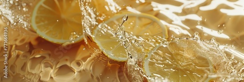 Fresh ripe sliced citrus lemon slices in splashes of water, healthy fruit, banner