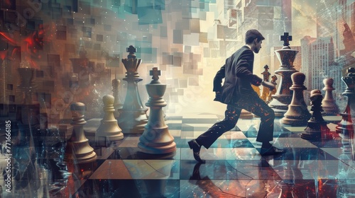 Businessman walking through a surreal chessboard cityscape. Digital art with chess strategy concept