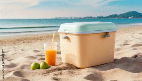 Ice box, drink cooler, portable fridge on the beach,