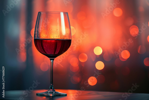 Red wine in a glass on the table in a bar or restaurant on a pink blurred background. Relaxation alone. Solo event