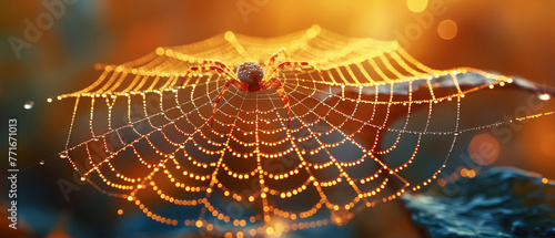 Close-up of a spider on a web with drops of dew catching the first rays of the morning sun. Blurred background. Bokeh. Generative AI.
