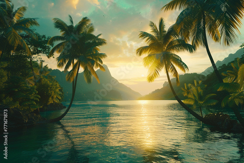 Gorgeous picture of a tropical environment featuring islands, palm palms, and sunse.