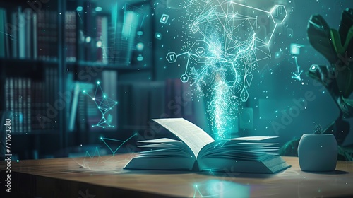 a book floating above a desk with energy a magical sparks and smoke,