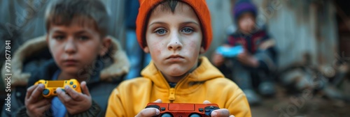 Children play computer games on TV using a game console, a child with a game console in his hands, banner