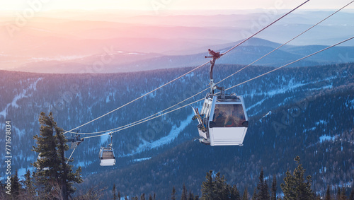 Banner Landscape mountain ski lift resort in winter forest sunset, aerial top view Sheregesh Kemerovo region Russia