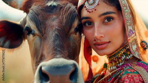 woman with an Indian cow. selective focus.
