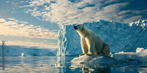 A polar bear is sitting on a piece of ice in the ocean