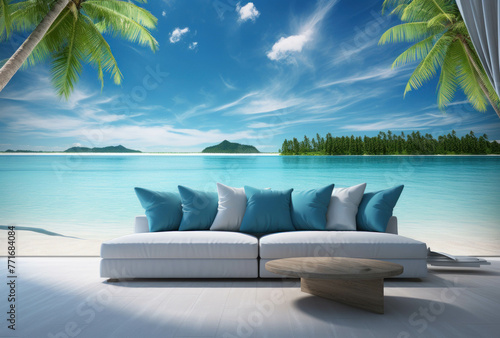 Living room summer beach. Relax summer travel advertising holiday concept