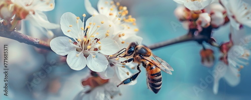 A bee collects nectar from cherry blossom flowers