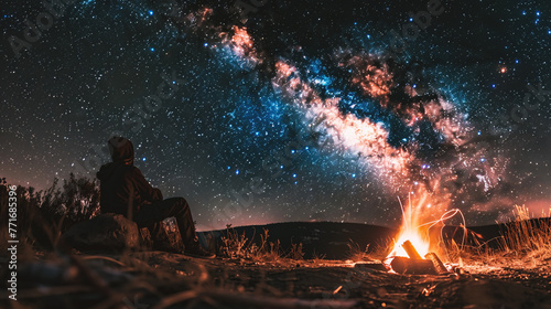 Man sitting near campfire and looking at milky way at night