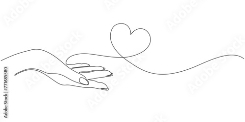 Hands holding heart continuous one line art drawing. Charity donation linear symbol. Editable line Vector illustration isolated on white.